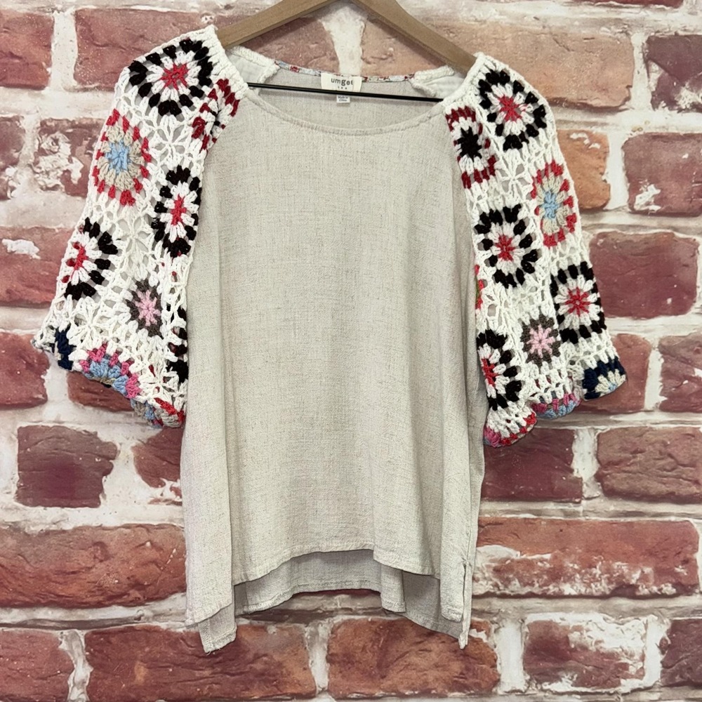 Umgee Top Womens S Tan Multicolor Boho Crochet Granny Square Sleeve Casual Shirt - Picture 2 of 9